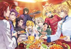  2girls 6+boys agravain_(fate) ahoge artoria_pendragon_(fate) artoria_pendragon_(lancer)_(fate) bad_id bad_twitter_id bamboo_steamer bedivere_(fate) black_hair blonde_hair blue_eyes carnelian china_dress chinese_clothes chinese_food chinese_text closed_eyes commentary_request dress fate/apocrypha fate/extra fate/grand_order fate_(series) food gawain_(fate) green_eyes grey_hair knights_of_the_round_table_(fate) lancelot_(fate/grand_order) long_hair mordred_(fate) mordred_(fate/apocrypha) multiple_boys multiple_girls one_eye_closed purple_hair red_hair signature tristan_(fate) very_long_hair yan_qing_(fate) yellow_eyes 