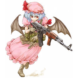  akm akms ammunition_pouch assault_rifle bat_wings camouflage cervus chest_rig cleaning_rod commentary_request female folding_stock foregrip gun hat kalashnikov_rifle pm_md_63/65 pouch red_eyes remilia_scarlet rifle short_hair solo touhou weapon wings 