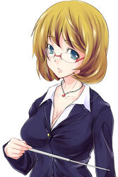  aoki_yuriko bakuman blonde_hair blue_eyes bob_cut breasts cleavage commentary_request female glasses highres jewelry large_breasts mole necklace painttool_sai_(medium) parted_lips pointer short_hair simple_background solo white_background zanku 