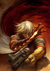  1boy blue_eyes blue_rose_(gun) devil_bringer devil_may_cry_(series) devil_may_cry_4 gun handgun jo_chen left-handed male_focus nero_(devil_may_cry) revolver solo weapon white_hair 