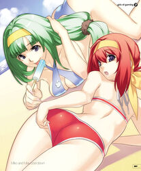  2girls adjusting_clothes adjusting_hair adjusting_swimsuit aiba_mikoto arm_support ass back bikini blue_eyes breast_press breasts cleavage cross_edge food green_hair hairband hirano_katsuyuki licking long_hair low-tied_long_hair medium_breasts meu_(spectral_souls) multiple_girls open_mouth ponytail popsicle red_hair short_hair sideboob spectral_(series) spectral_souls swimsuit tongue 