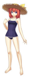  alternate_costume barefoot blue_eyes commentary cross_edge female flat_chest full_body hands hat highres hirano_katsuyuki legs meu_(spectral_souls) official_art one-piece_swimsuit orange_hair photoshop_(medium) simple_background smile solo spectral_(series) spectral_souls standing straw_hat swimsuit 