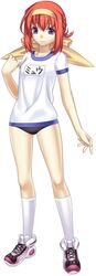  blue_eyes buruma commentary cross_edge female full_body gym_uniform hairband headband highres hirano_katsuyuki kneehighs meu_(spectral_souls) official_art red_hair shoes short_hair simple_background smile sneakers socks solo spectral_(series) spectral_souls standing white_legwear 