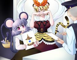  1boy 2girls animal_ears animal_print basket bishamonten&#039;s_pagoda blonde_hair breasts commentary_request crying grey_hair jewelry large_breasts mouse_(animal) mouse_ears mouse_tail multiple_girls nazrin police raionsan red_eyes short_hair tail tiger_ears tiger_print tiger_tail toramaru_shou touhou 