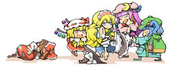  6+girls alice_margatroid asphyxiation bad_id bad_pixiv_id blonde_hair family_guy_death_pose_(meme) flandre_scarlet foaming_at_the_mouth hakurei_reimu hounori human_tug_of_war kawashiro_nitori kirisame_marisa meme multiple_girls patchouli_knowledge pulling strangling touhou two_side_up 