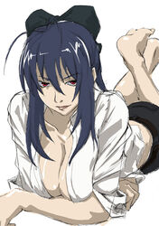  barefoot black_hair bow breasts cleavage commentary_request female hair_ribbon hairbow hamutz_meseta kyabakurabakufu large_breasts looking_at_viewer lying on_stomach open_clothes open_shirt red_eyes ribbon simple_background solo tatakau_shisho the_pose white_background 