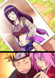  1boy 2girls belly blonde_hair blush breasts closed_eyes crop_top grin happy headband hyuuga_hinata jacket large_breasts long_hair midriff multiple_girls naruto_(series) naruto_shippuuden nervous photo_(object) pink_hair pointing pregnant purple_hair sakura_haruno smile sunahara_wataru turn_pale uzumaki_naruto 