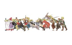  6+girls abekawa archer_(fft) arithmetician_(fft) armor bandana black_mage_(fft) black_mage_(final_fantasy) blonde_hair blush boots bow_(weapon) cape chemist_(fft) cropped dancer_(fft) dragoon_(fft) dragoon_(final_fantasy) final_fantasy final_fantasy_tactics geomancer_(fft) gloves hair_bun hat headband heart helmet highres knight_(fft) leggings long_hair monk_(fft) multiple_girls mystic_(fft) orator_(fft) polearm ponytail samurai_(fft) sheath sheathed short_hair single_hair_bun spear squire_(fft) striped summoner_(fft) sword thief_(fft) time_mage time_mage_(fft) weapon white_mage_(fft) white_mage_(final_fantasy) 