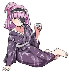  arm_support barefoot choko_(cup) commentary_request cup dream_c_club dream_c_club_(series) eyepatch feet female haiteku hands headdress japanese_clothes kimono mari_(dream_c_club) purple_eyes purple_hair sitting solo yokozuwari 