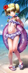  beach bikini blonde_hair commentary_request female flower full_body hair_flower hair_ornament hibiscus innertube irui_guneden nakamura_kanko outdoors sandals short_hair solo super_robot_wars swim_ring swimsuit twintails yellow_eyes 