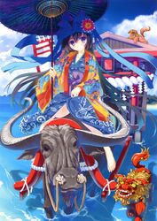  absurdres barefoot bird black_hair blush buffalo cart crow day female goshoguruma haori highres japanese_clothes kimono long_hair nanao_naru oil-paper_umbrella original riding robe rope shimenawa shrine torii umbrella water 