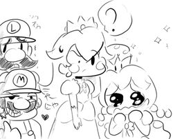  2boys 2girls commentary endifi english_commentary greyscale grin heart luigi mario mario_(series) monochrome multiple_boys multiple_girls new_super_mario_bros._u_deluxe peachette princess_peach smile super_crown what 