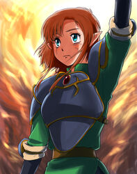  arm_up armor blue_eyes brown_hair commentary_request dragon_saber expressionless female maabou orange_background pointy_ears short_hair siria_(dragon_saber) solo 