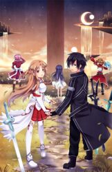  1boy 4girls asuna_(sao) commentary_request couple dragon holding_hands k-rumi kirito lisbeth_(sao) multiple_girls pina_(sao) silica straight sword sword_art_online water waterfall weapon yui_(sao) 