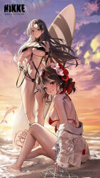  2girls ass bikini black_bikini black_hair breasts cleavage commentary_request cropped eyewear_on_head flower goddess_of_victory:_nikke hair_flower hair_ornament highres large_breasts long_hair looking_at_viewer multicolored_hair multiple_girls official_alternate_costume official_art red_bikini red_eyes red_flower rosanna_(chic_ocean)_(nikke) rosanna_(nikke) sakura_(bloom_in_summer)_(nikke) sakura_(nikke) split-color_hair sunglasses swimsuit thighs two-tone_hair underboob white_hair 