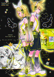  1boy back-to-back black_background blonde_hair bow bug butterfly character_name choker closed_eyes clothing_cutout commentary_request copyright_name detached_sleeves english_commentary english_text eyeshadow female from_side full_body glowing_clothes glowing_nails glowing_neckwear hair_ornament hairbow hairclip headphones heart highres kagamine_len kagamine_len_(append) kagamine_rin kagamine_rin_(append) leg_warmers looking_at_viewer makeup mixed-language_commentary multiple_views nail_polish navel navel_cutout pixels popped_collar short_hair shorts sodapop_(iemaki) sparkle spiked_hair star_(symbol) v vocaloid white_bow wings yellow_butterfly yellow_eyeshadow yellow_nails 