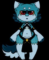  anthro bellsosu_(fursona) blue_body blue_fur breasts canid canine canis cheek_tuft clothed clothing digital_media_(artwork) facial_tuft female fur jewelry lipstick looking_at_viewer makeup mammal markings meme meme_clothing necklace red_eyes simple_background sosu-the-blue-wolf tail text topwear tuft white_body white_fur wolf 