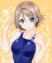  blue_eyes blush breasts brown_hair female jewelry kurogane_yamato looking_at_viewer love_live! love_live!_sunshine!! medal necklace one-piece_swimsuit open_clothes salute simple_background swimsuit v watanabe_you 