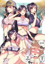  1boy 4girls babigonice bare_shoulders baseball_cap beach belly_chain bikini bikini_skirt bikini_under_clothes black_bikini black_hair blonde_hair blue_eyes blue_sky blush border bow breasts cleavage clone_harem closed_eyes cloud cloud_strife cloudy_sky collarbone denim denim_skirt dolphin earrings english_commentary english_text feet_out_of_frame final_fantasy final_fantasy_vii final_fantasy_vii_ever_crisis final_fantasy_vii_rebirth final_fantasy_vii_remake finger_to_mouth fingerless_gloves flower flying_sweatdrops frilled_bikini frills from_side gloves hair_flower hair_ornament hairbow halterneck happy_tears hat heart highleg highleg_bikini highres ice_cream_cone invisible_chair jewelry large_breasts long_hair looking_at_viewer medium_breasts midriff multiple_girls multiple_persona navel official_alternate_costume official_alternate_hairstyle open_mouth outside_border own_hands_together palm_leaf panty_straps pink_lips red_eyes see-through see-through_shirt shirt short_hair short_shorts short_sleeves shorts single_earring sitting skirt sky smile sparkle speech_bubble spiked_hair stud_earrings summer swept_bangs swimsuit teardrop_earrings tears thong tied_shirt tifa_lockhart tifa_lockhart_(lifeguard) tifa_lockhart_(majestic_glamour) tifa_lockhart_(passion_mermaid) tifa_lockhart_(shining_spirit) topless_male wet wet_clothes wet_shirt white_bikini white_border white_bow white_shirt 