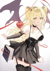  762807438 amane_misa apple bare_shoulders bat_wings black_dress blonde_hair breasts brown_eyes cleavage commentary death_note death_note_(object) detached_sleeves dress fake_wings female fishnet_sleeves fishnet_thighhighs fishnets food fruit garter_straps halter_dress halterneck highres large_breasts long_hair open_mouth red_apple simple_background solo string string_of_fate thighhighs two_side_up white_background wings 