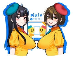  2girls aa2mee ahoge beret black_eyes black_hair blue_beret blush breasts brown_hair closed_mouth collared_shirt cropped_arms cropped_torso english_commentary english_text from_side hair_between_eyes hat long_hair looking_at_viewer multiple_girls open_mouth pixiv red_beret shirt short_hair simple_background smile sweatdrop white_background yellow_eyes yellow_shirt 