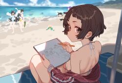  &gt;_&lt; 1boy 5girls absurdres ahoge aqua_hair araragi_karen araragi_koyomi araragi_tsukihi beach beach_mat bikini black_hair black_shorts breasts brown_eyes brown_hair buried commentary competition_swimsuit day drawing_(object) ebora egg_hair_ornament english_commentary food-themed_hair_ornament hair_ornament halterneck highres holding holding_pencil holding_sketchbook holding_water_gun horizon jacket looking_at_viewer monogatari_(series) multiple_girls ocean off_shoulder one-piece_swimsuit ononoki_yotsugi open_mouth outdoors pencil pink_bikini purple_hair red_jacket sand sengoku_nadeko senjougahara_hitagi shade shore shorts sitting sketchbook small_breasts solo_focus standing swimsuit track_jacket turning_head water_gun wide-eyed 