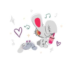  &gt;_&lt; animate_inanimate anthro bloody_bunny bloody_bunny_(series) chusudu closed_eyes duo female heart_symbol lagomorph leporid living_plushie mammal mumu_(bloody_bunny) musical_note musical_symbol one_eye_closed plushie rabbit simple_background symbol white_background 