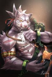  2021 5_fingers abs anthro biceps body_hair chest_hair claws colored cuff_(restraint) cygames felid fingers fur grey_body grey_fur hair humanoid_hands male mammal multicolored_body multicolored_fur muscular muscular_anthro muscular_male nimbus_(world_flipper) orange_eyes pantherine pawpads pecs pink_nose pink_pawpads restraints rukelen scar shackles solo striped_body striped_fur stripes tied_hair tiger tongue tongue_out two_tone_body two_tone_fur white_body white_fur world_flipper 