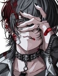  1boy bandaid bandaid_on_cheek bandaid_on_face bandaid_on_hand biting_own_lip black_eyes black_hair black_jacket black_nails black_shirt blood blood_in_hair blood_on_ears blood_on_mouth blood_on_neck choker collarbone commentary covering_face ear_piercing earrings head_tilt isumisumi jacket jewelry looking_at_viewer male_focus mole multiple_rings nail_polish original parted_lips piercing portrait ring shirt short_hair symbol-only_commentary teeth twitter_username 