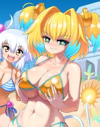  +_+ 2girls :d absurdres beach bikini blonde_hair bombergirl breast_hold breasts brown_eyes building cleavage collarbone fuse_tail green_eyes hair_ornament high_side_ponytail highres huge_breasts large_breasts light_smile lit_fuse motion_lines multicolored_hair multiple_girls navel official_alternate_costume pine_(bombergirl) profitshame seductive_smile shiro_(bombergirl) side-tie_bikini_bottom smile striped_bikini striped_clothes swimsuit teeth two-tone_bikini two-tone_hair underboob upper_teeth_only v-shaped_eyebrows white_hair yellow_bikini 