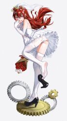  absurdres ass black_footwear blue_eyes bouquet bridal_veil dress female flower gears gloves highres holding holding_bouquet long_hair makise_kurisu red_flower red_hair red_rose rose simple_background steins;gate underwear veil waligner wedding_dress white_background white_dress white_gloves 