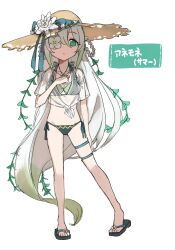  anemone_(princess_connect!) bikini braided_hair_rings breasts cleavage female flower flower_over_eye green_bikini green_eyes hat hat_ribbon highres long_hair princess_connect! ribbon sandals see-through see-through_shirt shirt side-tie_bikini_bottom simple_background solo straw_hat swimsuit thigh_strap thorns tyaui_(xjju4435) very_long_hair white_background white_hair 