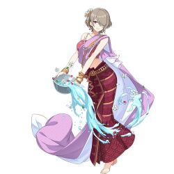  barefoot bracelet breasts brown_hair bucket crop_top earrings female flower full_body hair_flower hair_ornament hair_over_one_eye holding holding_bucket honkai_(series) honkai_impact_3rd indian_clothes jewelry official_art one_eye_covered purple_eyes rita_rossweisse sari short_hair single_bare_shoulder smile solo third-party_source transparent_background water white_flower 