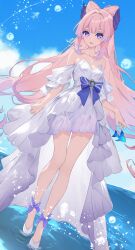  alternate_costume bare_legs bare_shoulders blue_sky cloud day dress female genshin_impact highres long_hair looking_at_viewer ocean off-shoulder_dress off_shoulder open_mouth pink_hair purple_eyes rafi sangonomiya_kokomi short_sleeves sky solo standing very_long_hair water white_dress 