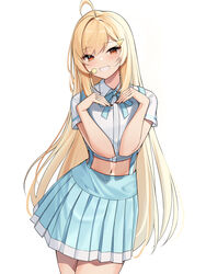  absurdres ahoge blonde_hair blue_skirt collared_shirt commentary cowboy_shot crop_top female grin hair_ornament hairclip heart heart_arms highres jingburger korean_commentary long_hair looking_at_viewer midriff navel neck_ribbon pleated_skirt red_eyes ribbon shirt short_sleeves skirt smile solo suspenders very_long_hair virtual_youtuber waktaverse white_shirt ziro_(zirorong) 