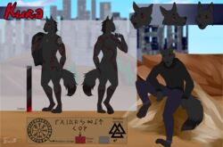  absurd_res anthro black_body black_fur canid canine canis city clothing desert english_text fefran fur futhark glowing glowing_runes hi_res icelandic_magical_stave jacket jewelry kura kurawulf leather leather_clothing leather_jacket leather_topwear male mammal markings model_sheet multiple_angles necklace norse_runes occult_symbol red_eyes red_markings runes solo symbol text topwear valknut vegvisir wolf 