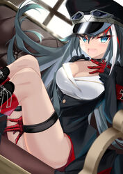  armband azur_lane black_hair black_skirt blue_eyes boots breasts choker cross-laced_footwear deutschland_(azur_lane) female gloves goggles goggles_on_headwear hat highres jiseki_rena lace-up_boots leather_strap mechanical_gloves military military_hat military_uniform multicolored_hair oerba_yun_fang open_mouth skin_fang skirt solo streaked_hair thigh_strap tsurime uniform 