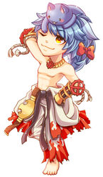  1boy animal_on_head arm_up barefoot belt black_belt black_gloves blue_cat blue_hair bow cat_on_head championship_belt chibi closed_mouth clothes_around_waist commentary_request feline flame_print full_body gauntlets gloves hairbow jewelry long_hair looking_at_viewer male_focus necklace on_head orange_eyes pants ragnarok_online red_bow shirt shirt_around_waist simple_background sion_(blackhorse) smile solo sura_(ragnarok_online) toned toned_male topless_male white_background white_pants white_shirt 