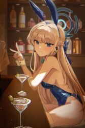  absurdres alcohol animal_ears arm_on_table arm_rest bad_id bad_pixiv_id bar_(place) bar_stool bare_shoulders bartender blonde_hair blue_archive blue_bow blue_eyes blue_halo blue_leotard bow braid breasts cocktail_glass commentary counter cup drinking_glass earrings elbow_on_table elbow_rest fake_animal_ears fake_tail female from_side hairband hairbow half_updo halo headset highleg highleg_leotard highres indoors jewelry leotard long_hair looking_at_viewer martini medium_breasts nez_(nez_0_0) official_alternate_costume official_alternate_hairstyle olive playboy_bunny rabbit_ears rabbit_tail shelf sitting smile stool strapless strapless_leotard stud_earrings tail thighhighs thighs toki_(blue_archive) toki_(bunny)_(blue_archive) v white_thighhighs white_wrist_cuffs wrist_cuffs 