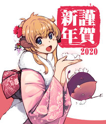  2020 animal animal_on_hand blue_eyes chinese_zodiac commentary_request deviruchi female floral_print flower fur_collar hair_flower hair_ornament horns japanese_clothes kanzashi kimono light_brown_hair looking_at_viewer mil_(xration) mouse_(animal) obi open_mouth pink_kimono ragnarok_online sash solo_focus tarou_(ragnarok_online) whitesmith_(ragnarok_online) year_of_the_rat 