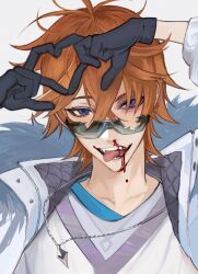  1boy blood blue_eyes dripping_blood fangs fur_trim genshin_impact glasses heart heart_hands jacket jewelry layered_clothes looking_at_viewer male_focus nosebleed open_clothes open_jacket orange_hair ropi_(gmkr_66) smile solo tartaglia_(genshin_impact) tartaglia_(xiaomi)_(genshin_impact) tongue tongue_out upper_body 