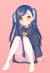  black_sailor_collar black_serafuku black_shirt black_skirt blue_bow blue_hair blue_panties blush bow brown_eyes female full_body hairbow heart honzuki_no_gekokujou knees_up long_hair long_sleeves myne_(honzuki_no_gekokujou) no_shoes panties parted_lips pink_background pleated_skirt rinndouk sailor_collar school_uniform serafuku shirt simple_background sitting skirt solo swept_bangs thighhighs two_side_up underwear very_long_hair white_thighhighs yellow_bow 