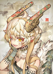  2024 ahoge artist_name breasts chinese_zodiac cleavage commentary daruma_doll dragon_girl earrings eastern_dragon_horns eastern_dragon_tail female floral_print gloves hand_on_own_cheek hand_on_own_face highres jewelry kawaku light_brown_hair long_hair looking_at_viewer merchandise_available open_mouth original pointy_ears scales signature solo teeth upper_body year_of_the_dragon yellow_eyes 