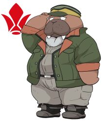  2024 anthro belly bottomwear brown_body clothing gundam:_iron_blooded_orphans hat headgear headwear hiroshi_odokawa_(odd_taxi) kemono male mammal marine odd_taxi overweight overweight_male pants pinniped shirt simple_background solo topwear walrus wantaro white_background 