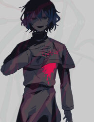  1boy 61_rokuichi belt black_belt blood blood_on_clothes blue_eyes blue_hair capelet commentary_request cowboy_shot dated gold_trim hair_between_eyes hand_on_own_chest high_collar highres long_sleeves male_focus open_mouth pale_color saibou_shinkyoku shirt short_hair smile solo translation_request utsugi_noriyuki white_capelet white_shirt 