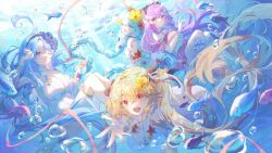  3girls absurdly_long_hair absurdres air_bubble alsace_(azur_lane) alsace_(heat_beating_summer_sacrament)_(azur_lane) alternate_costume anchorage_(azur_lane) azur_lane bikini blonde_hair blue_hair breasts bubble flower hair_flower hair_ornament highres large_breasts long_hair looking_at_viewer multiple_girls official_alternate_costume one_eye_closed open_mouth outstretched_arm purple_flower purple_hair rain_marginals_(rainymi) starfish string string_of_fate swimsuit underwater unicorn_(azur_lane) very_long_hair white_bikini yellow_flower 