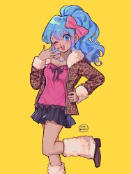  animal_print bead_necklace beads black_bow black_skirt blue_eyes blue_hair bow breasts bulma_briefs cleavage double-parted_bangs dragon_ball dragon_ball_(classic) dragon_ball_z english_commentary female gyaru hairbow hand_on_own_hip highres jacket jaguar_print jewelry leg_up leg_warmers long_hair looking_at_viewer meteorstaar nail_polish necklace one_eye_closed open_mouth pink_bow pink_lips pink_nails ponytail signature skirt solo teeth yellow_background 