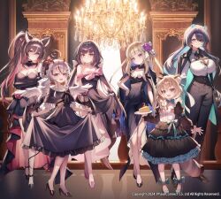  6+girls ahoge amanogawa_shiina animal_ear_fluff animal_ears aqua_brooch aqua_footwear arm_under_breasts black_bow black_dress black_footwear black_gloves black_jacket black_pants blonde_hair blue_bow blue_bowtie blue_eyes blue_hair bow bowtie braid breasts brown_eyes brown_hair cake cake_slice center_frills chandelier chest_strap china_dress chinese_clothes chisaka_airi cleavage cleavage_cutout closed_mouth clothing_cutout colored_inner_hair copyright_notice detached_collar dress elbow_gloves erina_makina feathered_wings food frills gloves grey_hair hairbow high_heels highres himemiya_rie holding holding_plate jacket komachi_panko large_breasts long_hair low_twintails medium_breasts milestone_celebration multicolored_hair multiple_girls off-shoulder_dress off_shoulder orange_bow pants phase_connect pink_bow pink_eyes pink_footwear pink_hair plate purple_hair red_brooch red_eyes red_hair red_panda_ears red_panda_girl red_panda_tail remilia_nephys short_eyebrows skirt_hold small_breasts strapless strapless_dress streaked_hair tiara tiger_ears tiger_girl twintails ugwa virtual_youtuber white_bow white_wings wings wolf_ears wolf_girl 