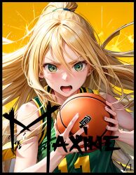  ai_generated basketball basketball_(ball) basketball_jersey basketball_uniform blonde_hair comic comic_cover cover_page determination female fierce green_eyes long_hair manga manga_cover maxine(zanimation) open_mouth original ponytail zanimation 