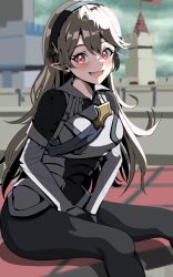  armor black_hairband corrin_(female)_(fire_emblem) corrin_(fire_emblem) female fire_emblem fire_emblem_fates grey_hair hair_between_eyes hairband highres long_hair looking_at_viewer pointy_ears red_eyes smile solo super_smash_bros. taka_p_(zelda27th) 